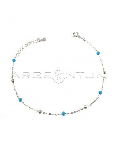 Mesh ball bracelet alternating with shiny spheres and blue enamelled spheres white gold plated in 925 silver