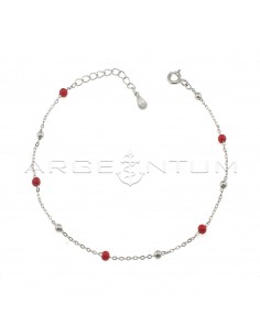 Bracelet mesh ball alternating with shiny spheres and red enamelled spheres white gold plated in 925 silver
