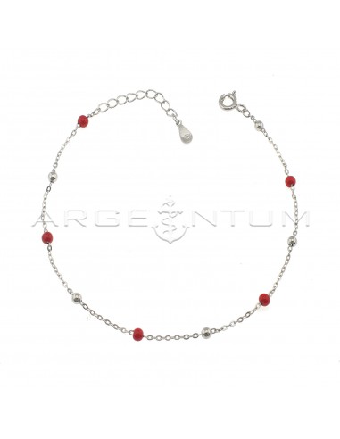 Bracelet mesh ball alternating with shiny spheres and red enamelled spheres white gold plated in 925 silver