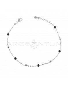 Mesh ball bracelet alternating with shiny spheres and black enameled spheres white gold plated in 925 silver