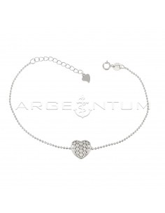 Diamond ball mesh bracelet with central perforated heart and white zircon plated white gold in 925 silver