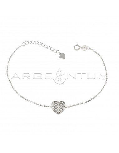 Bracciale maglia pallina diamantata con cuore centrale traforato e zirconato bianco placcato oro bianco in argento 925