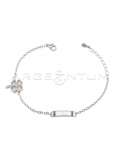 Giotto mesh bracelet with smooth plate and four-leaf clover with white gold plated white zircon hearts in 925 silver