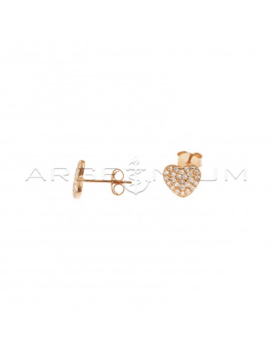 Heart stud earrings in white cubic zirconia pave with rose gold plated 925 silver