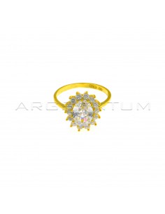Ring with central white oval zircon in a frame of white zircons with prongs yellow gold plated in 925 silver (Size 10)
