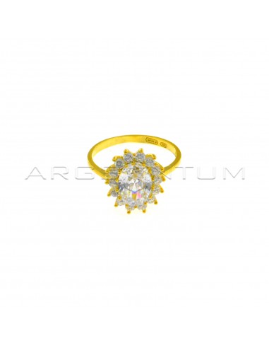 Ring with central white oval zircon in a frame of white zircons with prongs yellow gold plated in 925 silver (Size 10)