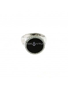 Adjustable ring with round black onyx in white zircon frame white gold plated in 925 silver