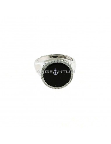 Adjustable ring with round black onyx in white zircon frame white gold plated in 925 silver