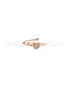 Adjustable wire ring with central heart in white zircon plated rose gold in 925 silver