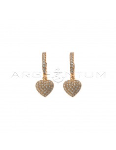 Hoop earrings with white cubic zirconia, snap clasp and pendant heart in 925 silver rose gold plated white cubic zirconia pave