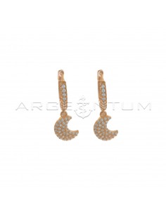 Hoop earrings with white zircons, snap clasp and moon pendant in 925 silver rose gold plated white zircons pave