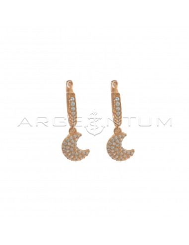 Hoop earrings with white zircons, snap clasp and moon pendant in 925 silver rose gold plated white zircons pave
