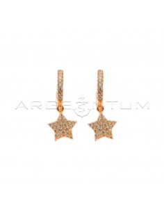 Hoop earrings with white zircons, snap clasp and pendant star in 925 silver rose gold-plated white zircons pave