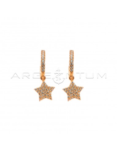 Hoop earrings with white zircons, snap clasp and pendant star in 925 silver rose gold-plated white zircons pave