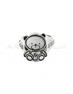 Adjustable pinky ring with central teddy bear with blue zircon and stem with personalized name and date of birth engraved white gold plated 925 silver