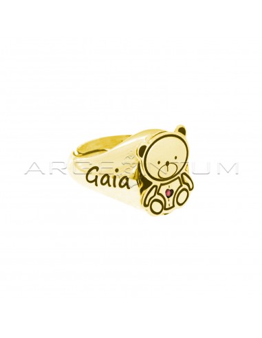 Adjustable pinky ring with central teddy bear with pink zircon and shank with personalized name and date of birth engraved yellow gold plated 925 silver