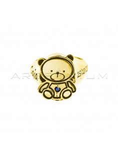Adjustable pinky ring with central teddy bear with blue zircon and shank with personalized name and birth date engraved yellow gold plated 925 silver