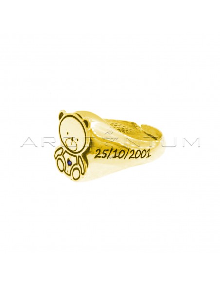 Adjustable pinky ring with central teddy bear with blue zircon and shank with personalized name and birth date engraved yellow gold plated 925 silver