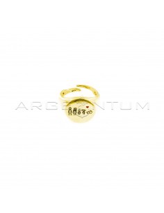 Adjustable pinky family ring with round shield with personalized engraved subjects and red enameled heart yellow gold plated in 925 silver