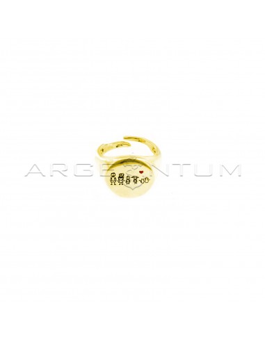 Anello family mignolo regolabile a scudo tondo con soggetti personalizzati incisi e cuore smaltato rosso placcato oro giallo in argento 925