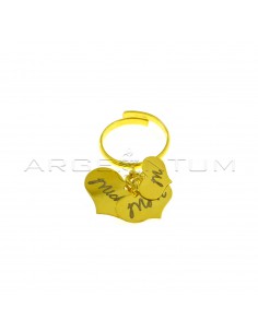 Adjustable ring with 3 pendant slab hearts with custom engravings yellow gold plated in 925 silver
