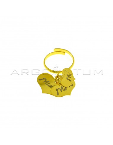 Adjustable ring with 3 pendant slab hearts with custom engravings yellow gold plated in 925 silver