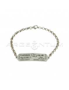 Rolo mesh bracelet with central plate with personalized name and birth data white gold plated in 925 silver