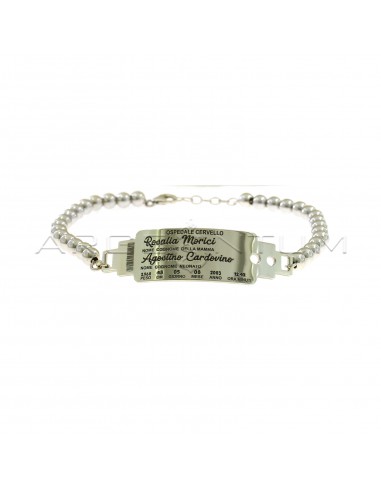 Ball bracelet with central plate with personalized birth bracelet data white gold plated in 925 silver