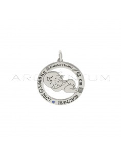 Round openwork medal with birth date engraving and white gold plated blue zircon in 925 silver