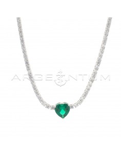 Tennis necklace of white zircons of ø 2,5 mm with central heart of green zircon plated white gold in 925 silver