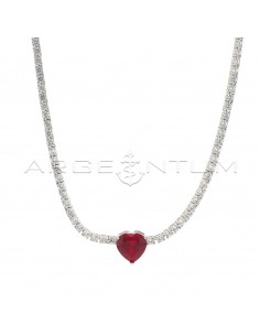 Tennis necklace of white zircons of ø 2.5 mm with central heart of red zircon plated white gold in 925 silver