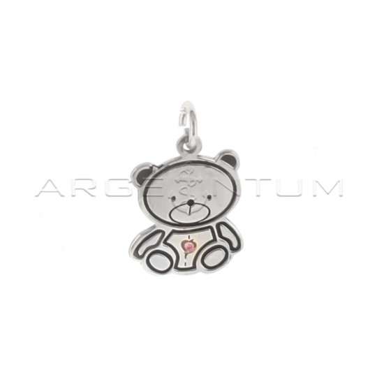 Teddy bear pendant engraved with white gold plated pink central zircon in 925 silver