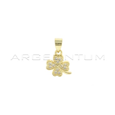 Four-leaf clover pendant in white zircons pave with shiny yellow gold plated stem in 925 silver