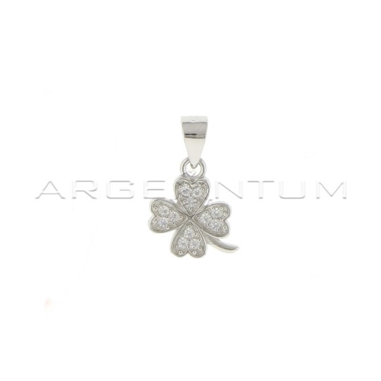 Four-leaf clover pendant in white cubic zirconia pave with shiny white gold plated stem in 925 silver