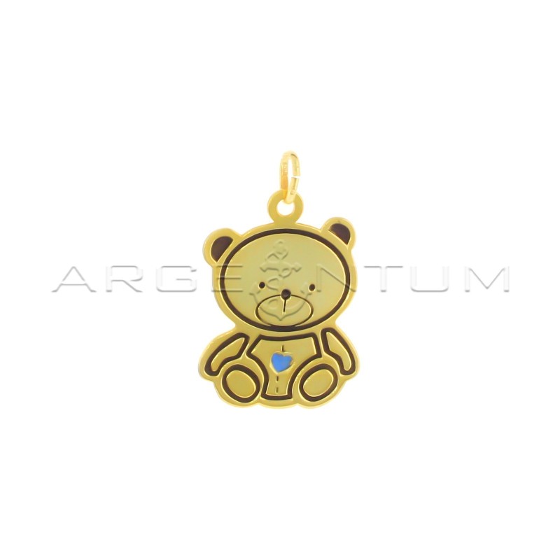 Teddy bear pendant engraved with a blue enameled heart, yellow gold plated in 925 silver