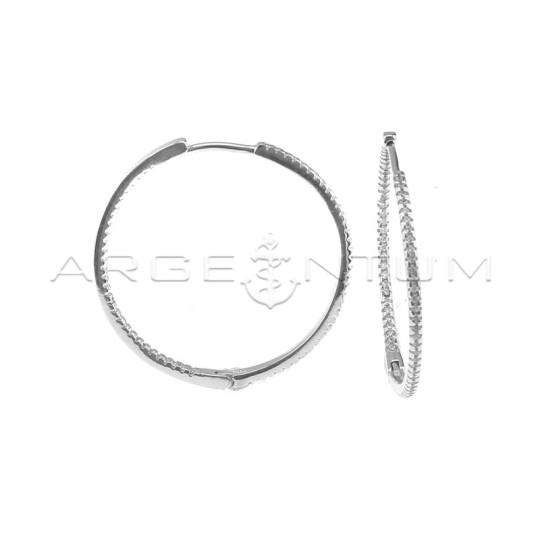 Hoop earrings ø 34 mm with white zircon square barrel half externally and half internally with white gold plated snap clasp in 9