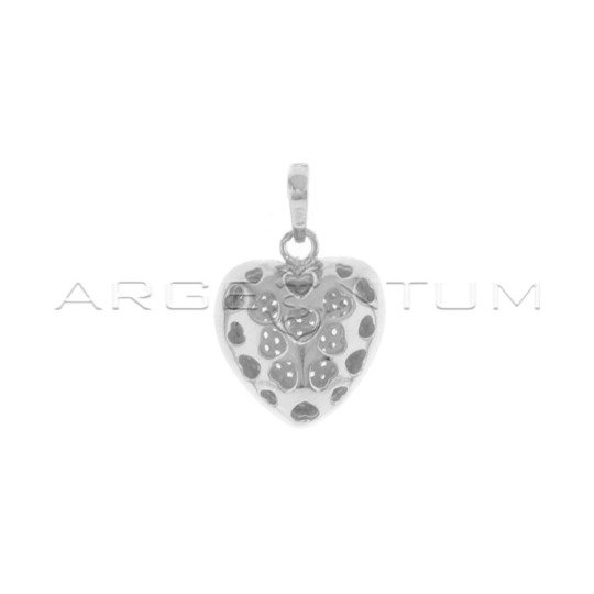 Rounded heart pendant in white cubic zirconia pave with openwork back, white gold plated in 925 silver
