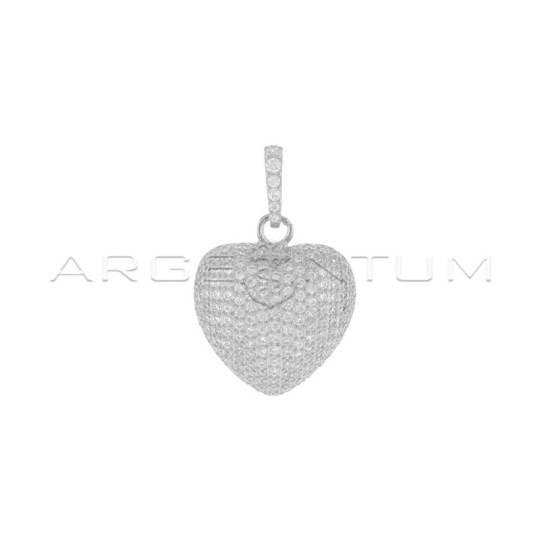 Ciondolo cuore bombato a pavè di zirconi bianchi con retro traforato placcato oro bianco in argento 925