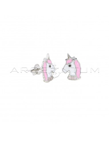 Orecchini a lobo unicorno smaltato bianco e rosa con collo zirconato rosa placcati oro bianco in argento 925