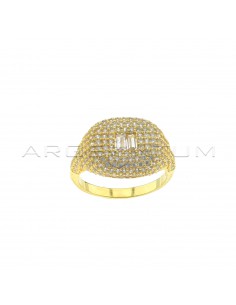 Rectangular shield ring in white zircons pave with central zircons baguettes yellow gold plated in 925 silver