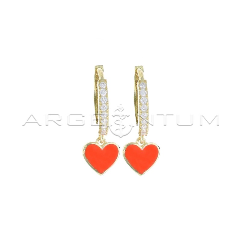 White semi-zircon hoop earrings with orange enamel pendant heart and yellow gold plated snap clasp in 925 silver