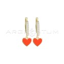 White semi-zircon hoop earrings with orange enamel pendant heart and yellow gold plated snap clasp in 925 silver
