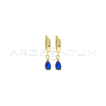 Square section hoop earrings with yellow gold plated blue zircon pendant drop in 925 silver
