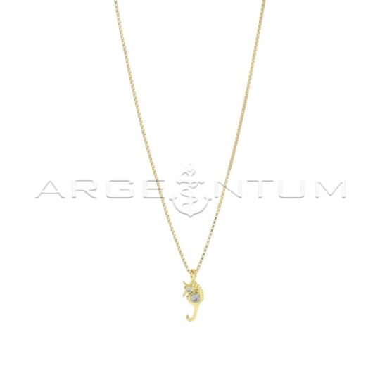 Venetian mesh necklace with engraved seahorse pendant with white zircon eye and white central light point yellow gold plated in