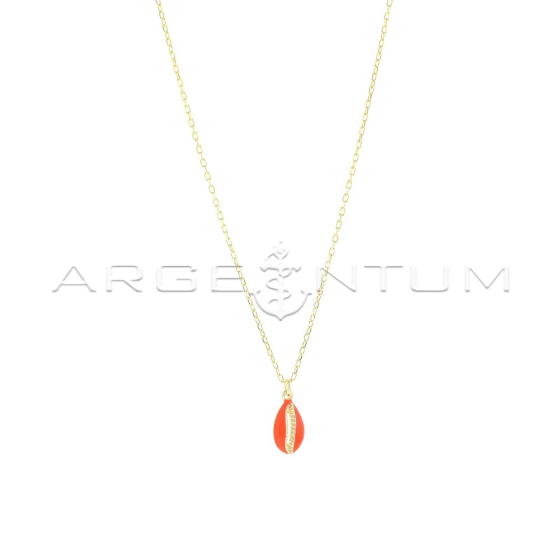 Forced link necklace with rounded shell pendant, engraved, perforated and enameled orange yellow gold plated in 925 silver