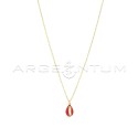 Forced link necklace with rounded shell pendant, engraved, perforated and red enamelled yellow gold plated in 925 silver