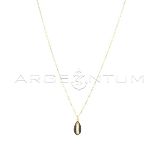 Forced link necklace with rounded shell pendant, engraved, perforated and black enameled yellow gold plated 925 silver