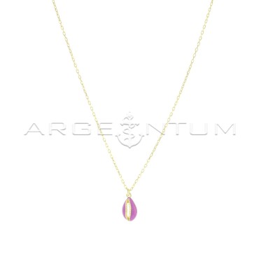 Forced link necklace with rounded shell pendant, engraved, perforated and enameled lilac yellow gold plated in 925 silver