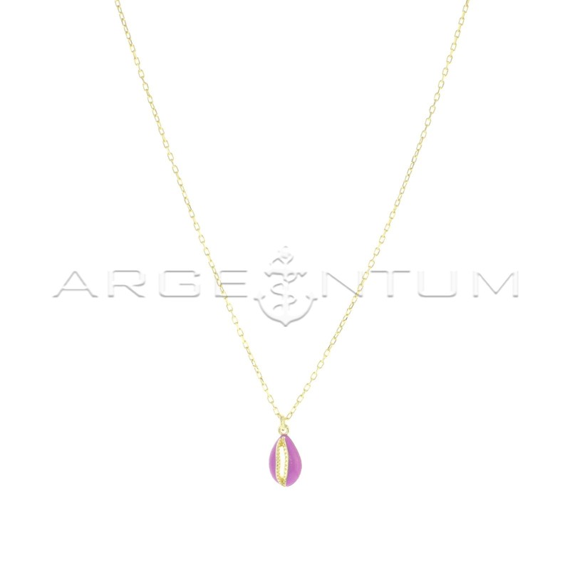 Forced link necklace with rounded shell pendant, engraved, perforated and enameled lilac yellow gold plated in 925 silver