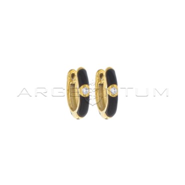 Black enameled hoop earrings with white zircon and yellow gold plated snap clasp in 925 silver
